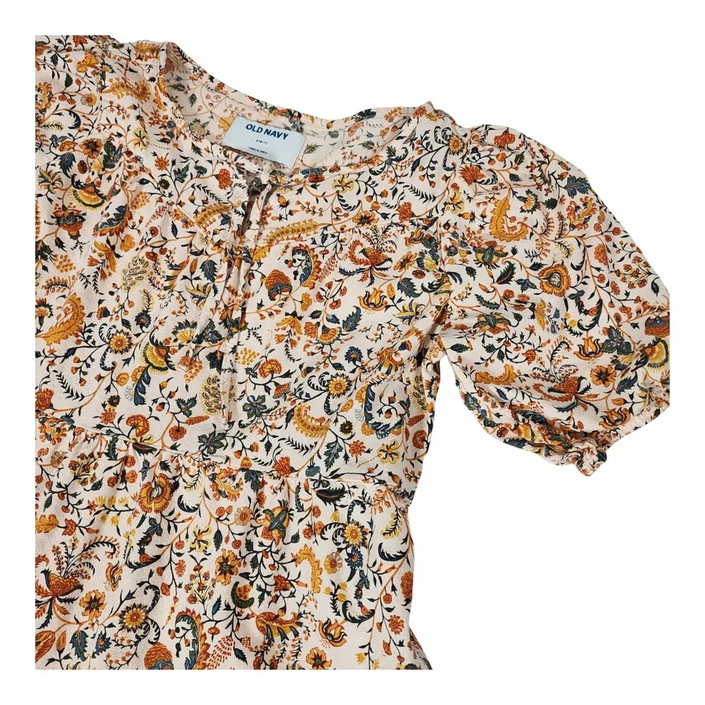 Old Navy Girls S 6-7 Floral Tiered‎ Babydoll Dress Puff Sleeve Boho Cream Orange